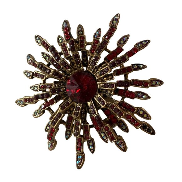 Vintage Sunburst Brooch Red Rhinestone Aurora Borealis Starburst Pin 1960s Retro - Picture 1 of 4